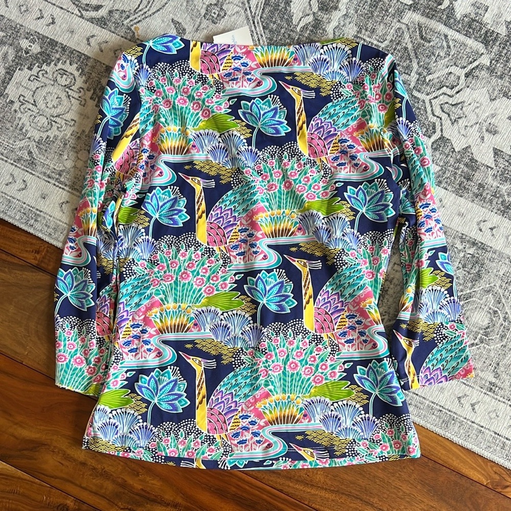 J.McLaughlin Wavesong Tee in Paradise Peacock Print Size XS 3/4‎ Sleeves. NWT